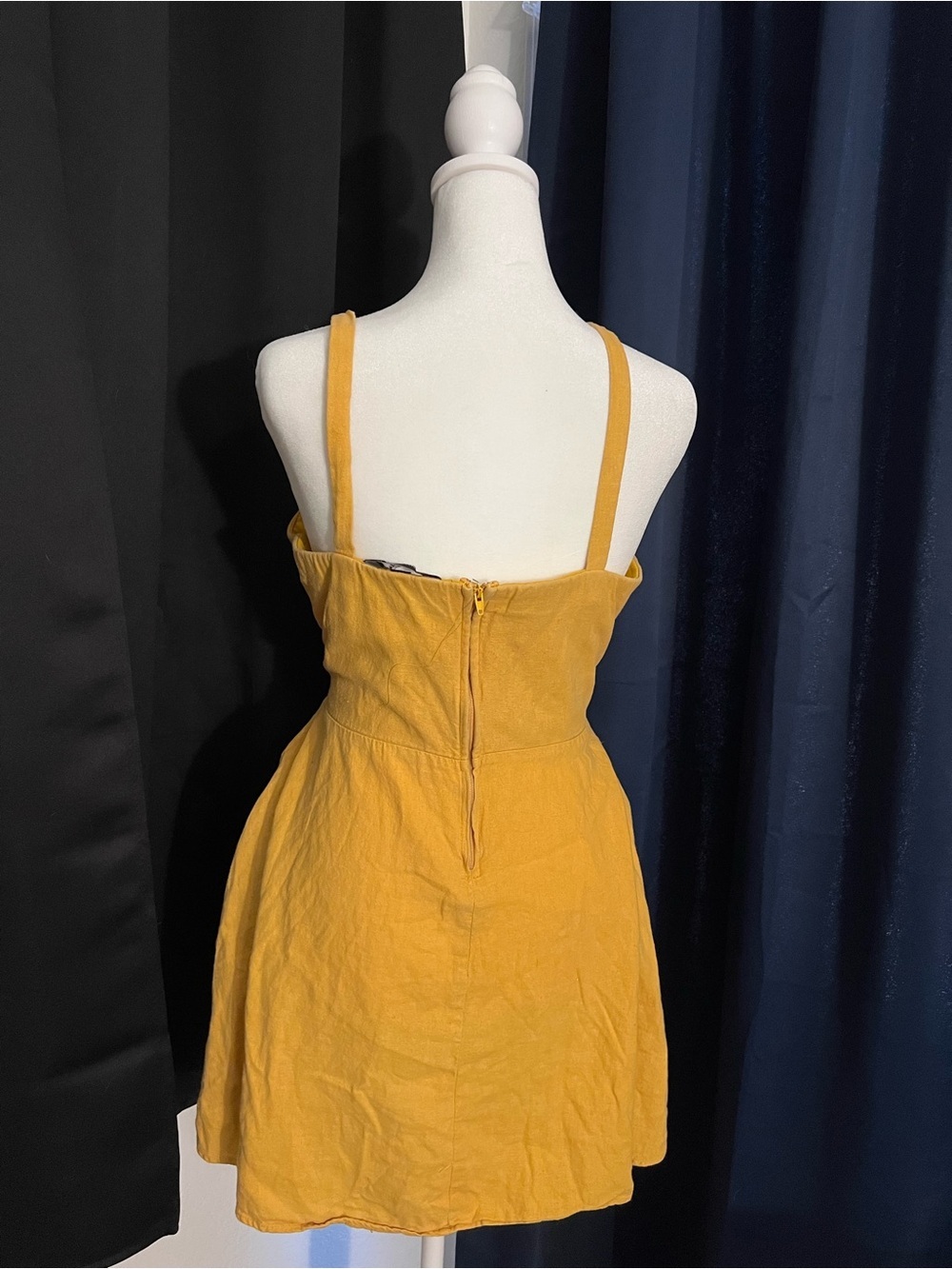 Mustard Yellow Knot Front Mini Dress Women’s Medium Cutout Fit & Flare Sundress - Picture 4 of 7